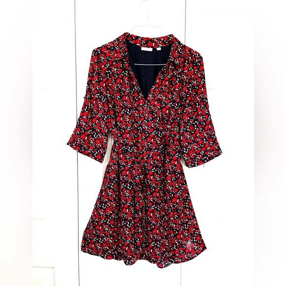NY&Co Midi Dress w/ Red Floral Print on Navy, 3/4 Sleeve V-neck Belted sz L - Picture 2 of 12